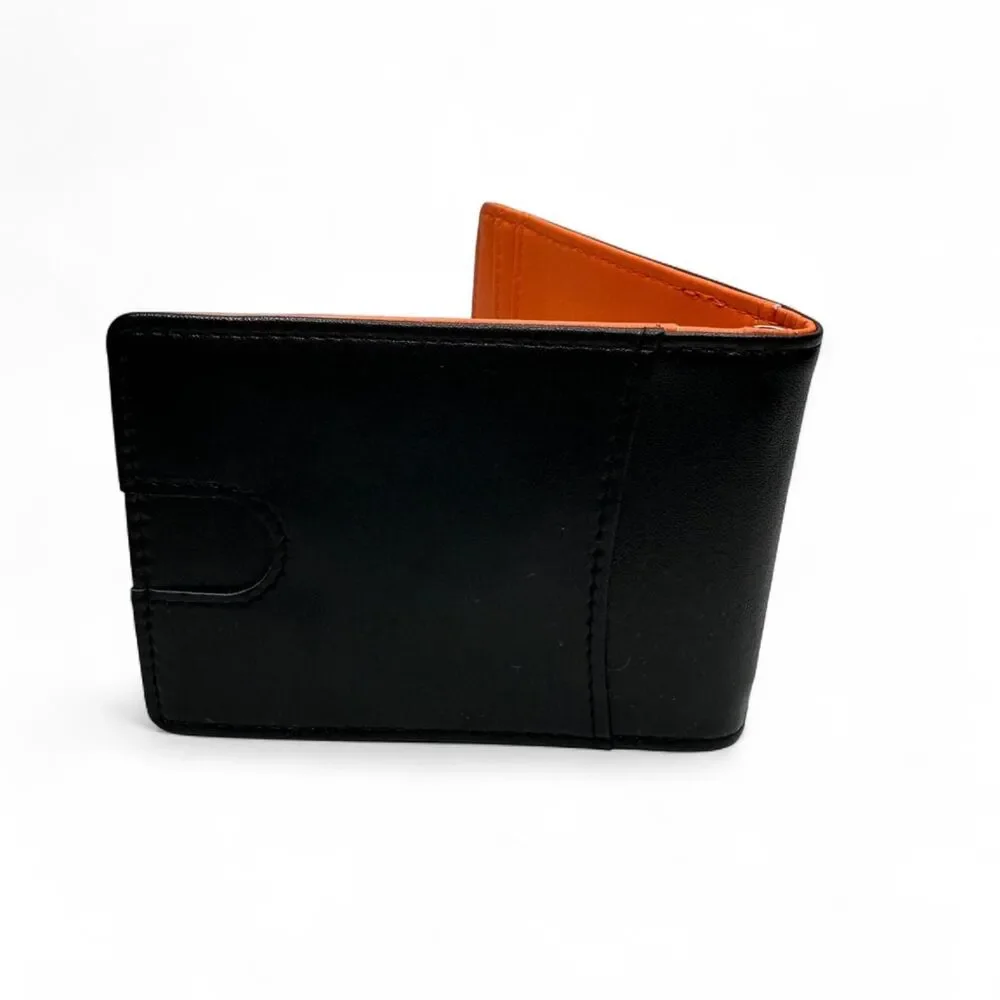 Plain Black And Orange Leather Wallet W/ Built-In Money Clip